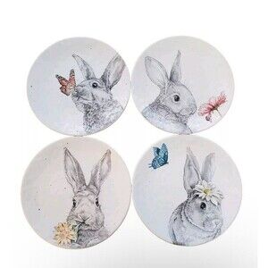 Pier 1 "Hello Spring" Salad Plates (4) Bunnies & Flowers Earthenware 9"